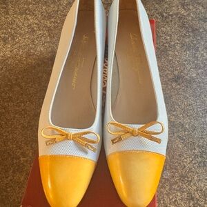Salvatore Ferragamo White and Yellow Kitten Heels